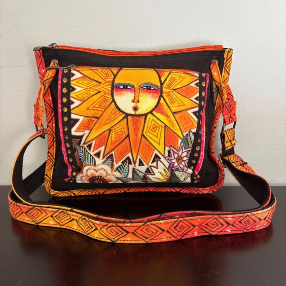 Laurel Burch Sun Salutation Colorful Black Orange Canvas Crossbody Bag - Picture 1 of 12